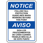 Bilingual follow fall protection guidelines sign for elevated work safety areas