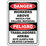 Bilingual workers above watch for falling material OSHA sign