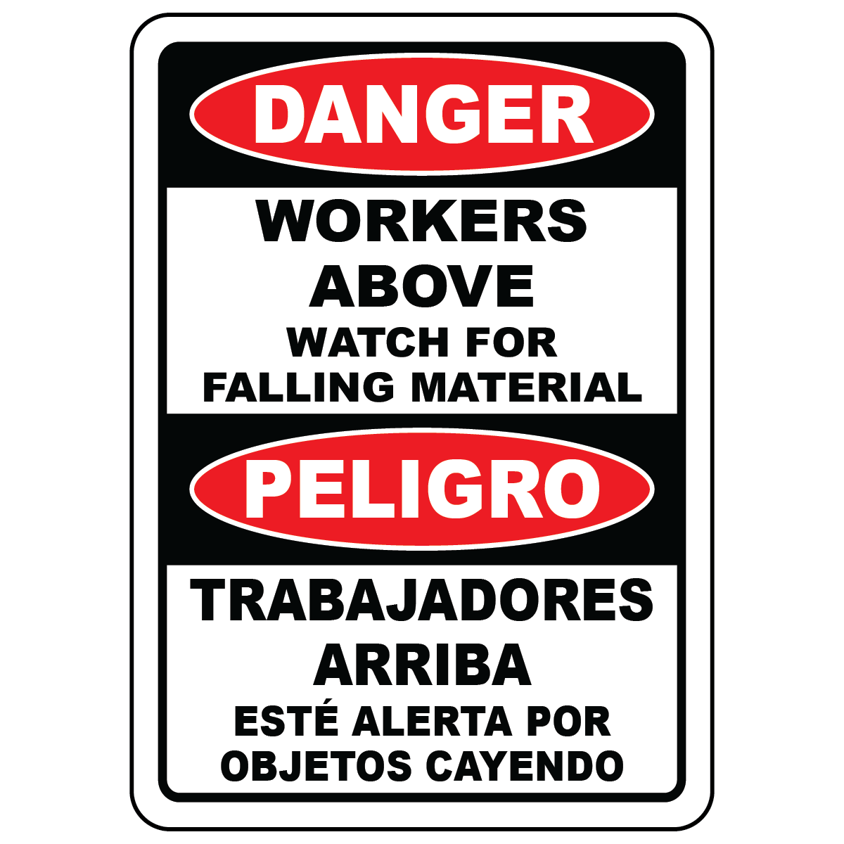 Bilingual workers above watch for falling material OSHA sign