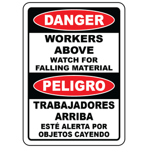 Bilingual workers above watch for falling material OSHA sign