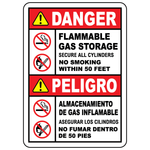 Bilingual flammable gas storage danger sign with no smoking and no open flames symbols