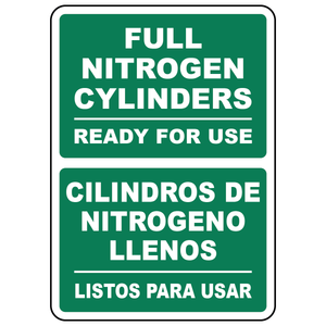 Bilingual full nitrogen cylinders ready for use sign in English and Spanish