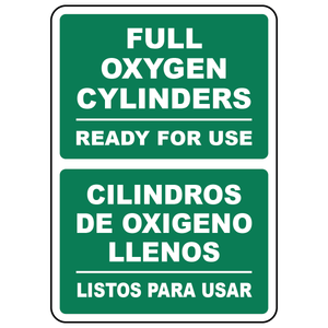Bilingual full oxygen cylinders ready for use sign in English and Spanish