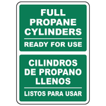Bilingual full propane cylinders ready for use sign in English and Spanish