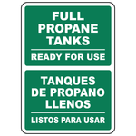 Bilingual full propane tanks ready for use sign in English and Spanish