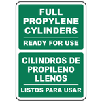 Bilingual full propylene cylinders ready for use sign in English and Spanish