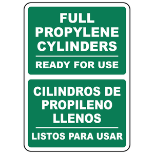 Bilingual full propylene cylinders ready for use sign in English and Spanish