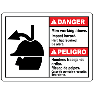 Bilingual men working above impact hazard hard hat required sign