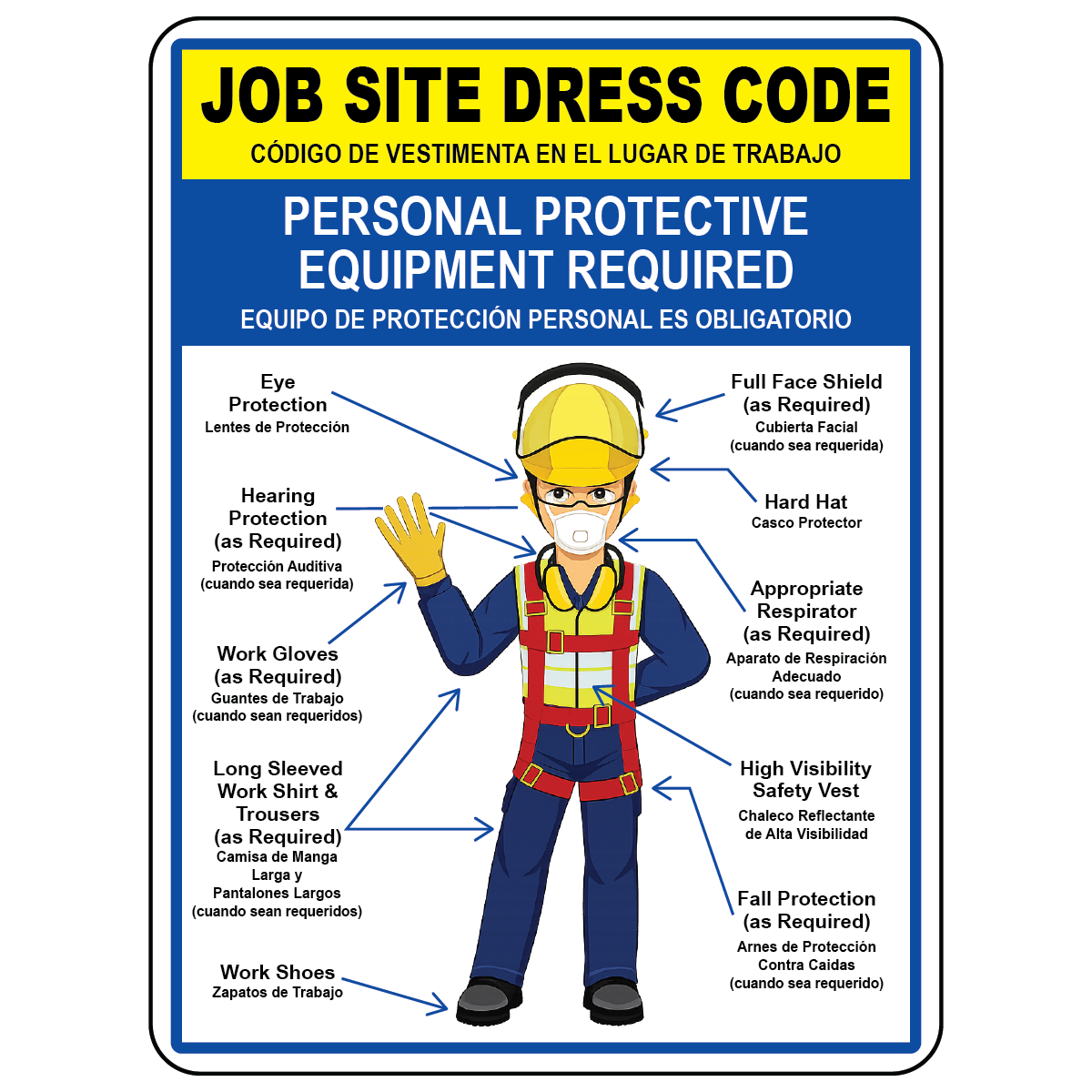 Bilingual PPE required sign with job site dress code and safety equipment graphics