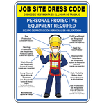 Bilingual PPE required sign with job site dress code and safety equipment graphics