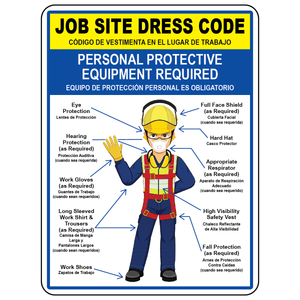 Bilingual PPE required sign with job site dress code and safety equipment graphics