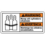 Bilingual warning keep all cylinders chained safety sign with secure cylinder symbol