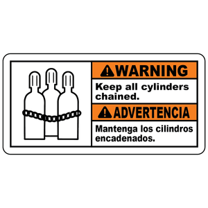 Bilingual warning keep all cylinders chained safety sign with secure cylinder symbol