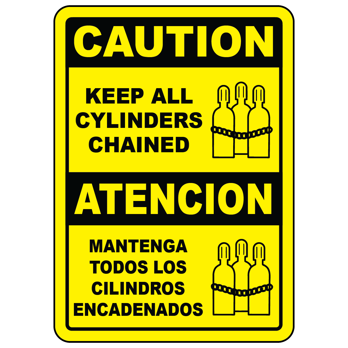 Bilingual keep all cylinders chained safety sign with cylinder symbol