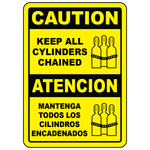 Bilingual keep all cylinders chained safety sign with cylinder symbol