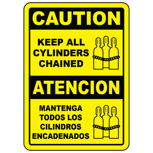 Bilingual keep all cylinders chained safety sign with cylinder symbol
