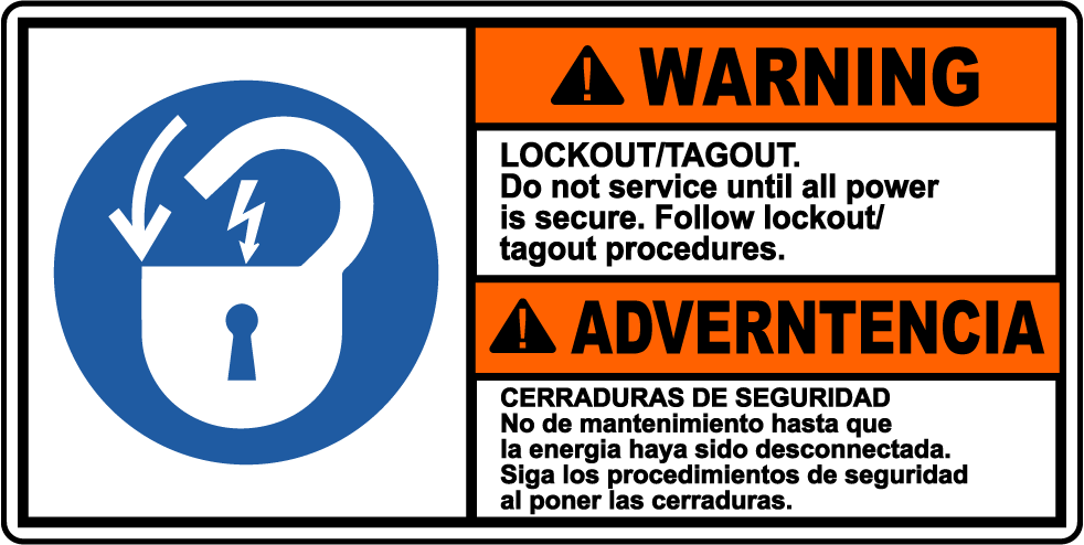 Warning lockout tagout bilingual safety sign