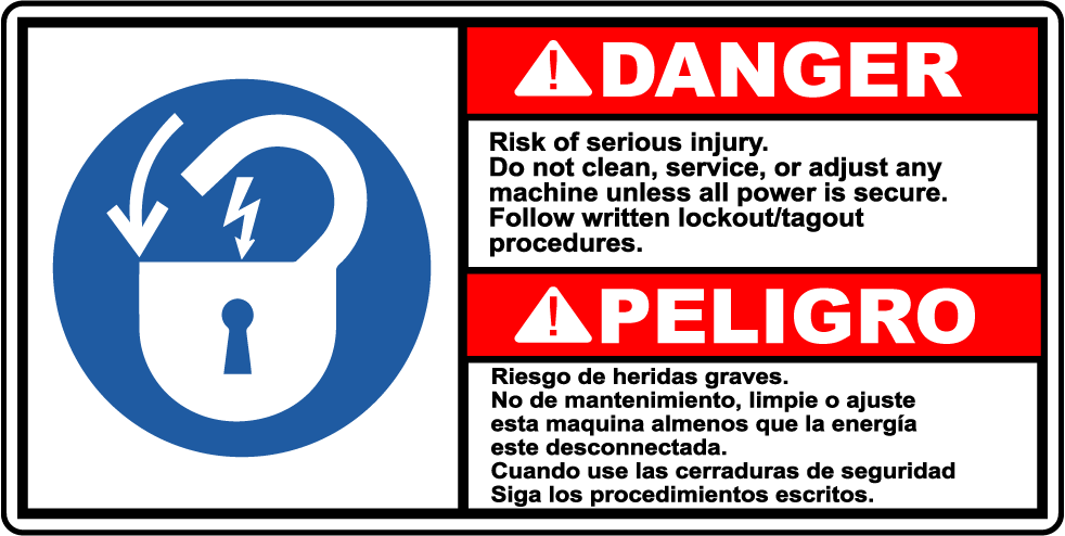 Danger lockout tagout bilingual safety warning sign