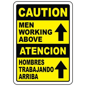 Bilingual caution men working above OSHA safety sign
