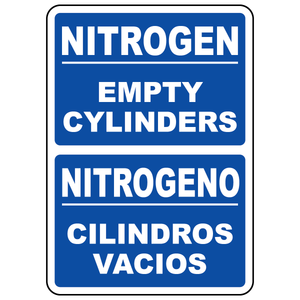 Bilingual nitrogen empty cylinders sign in English and Spanish for gas storage areas