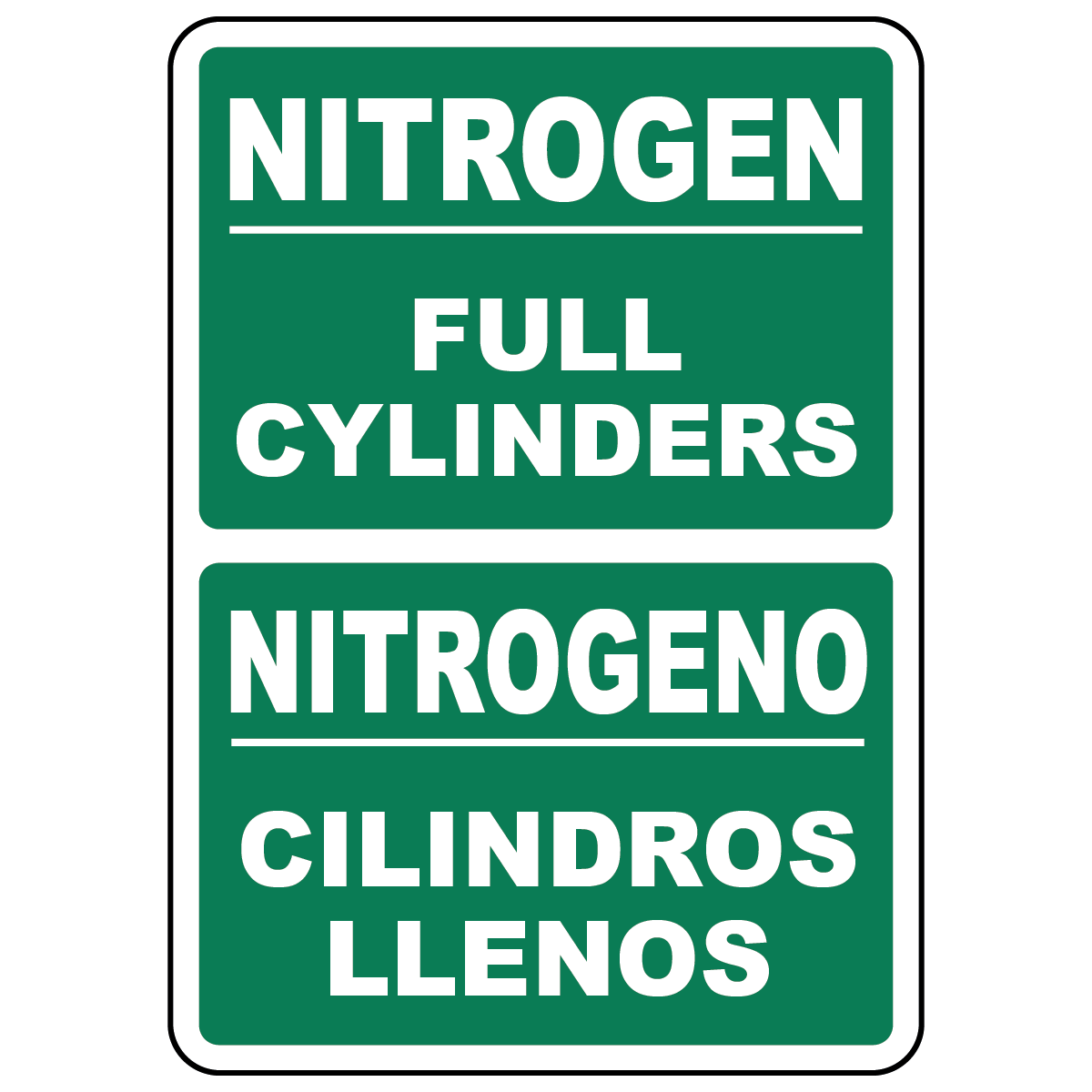 Bilingual nitrogen full cylinders sign in English and Spanish for gas storage