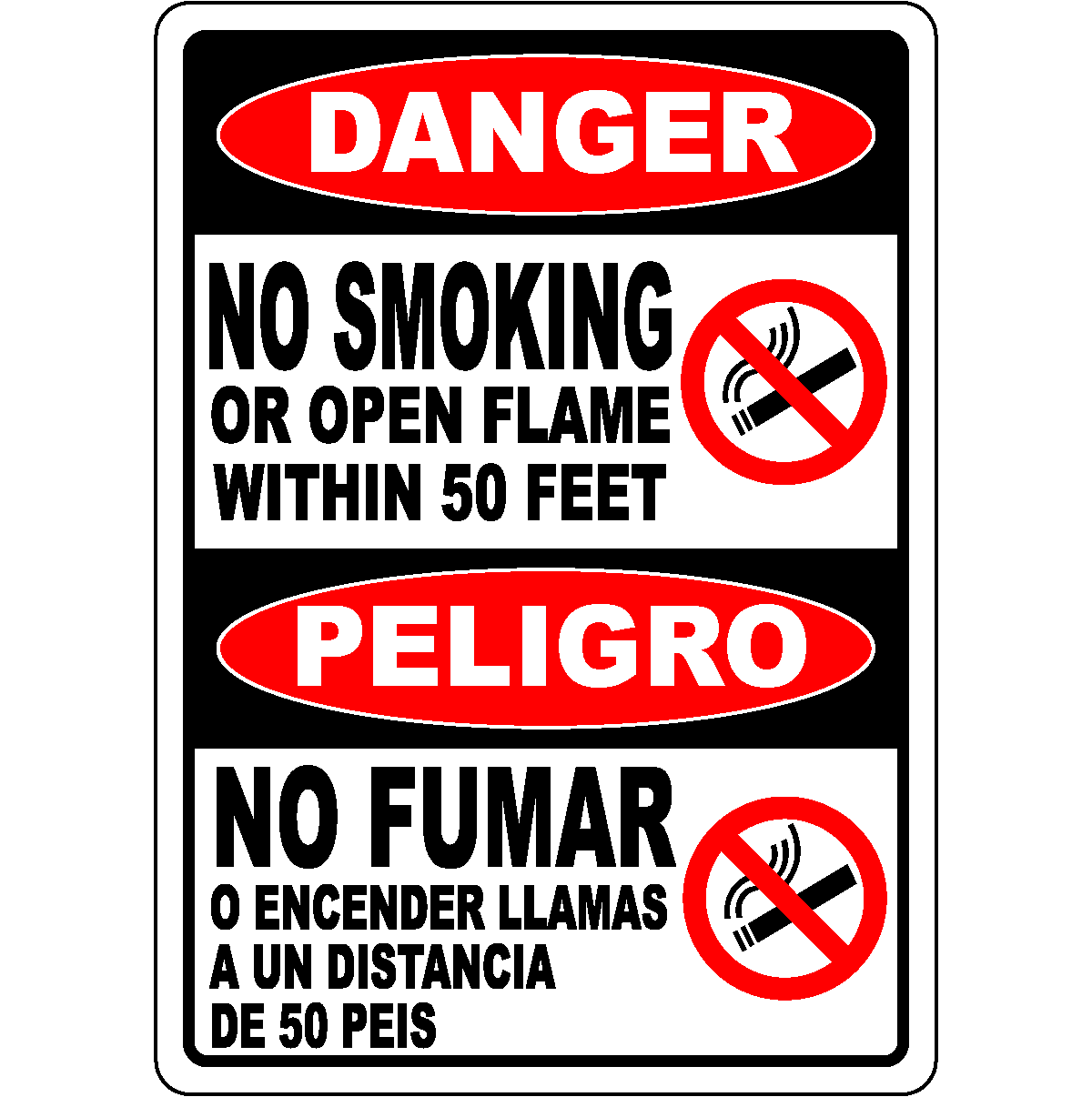 Bilingual no smoking within 50 feet safety warning sign