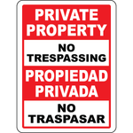 Bilingual private property no trespassing safety sign