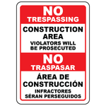 Bilingual no trespassing construction area prosecuted warning sign
