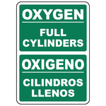Bilingual oxygen full cylinder sign in English and Spanish for gas storage