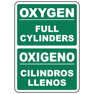 Bilingual oxygen full cylinder sign in English and Spanish for gas storage