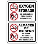 Bilingual oxygen storage sign with no smoking and no open flames safety symbols