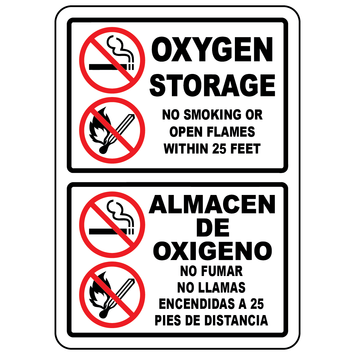 Bilingual oxygen storage sign with no smoking and no open flames safety symbols