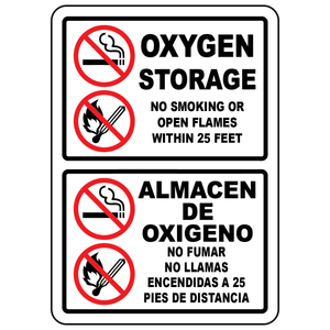 Bilingual oxygen storage sign with no smoking and no open flames safety symbols