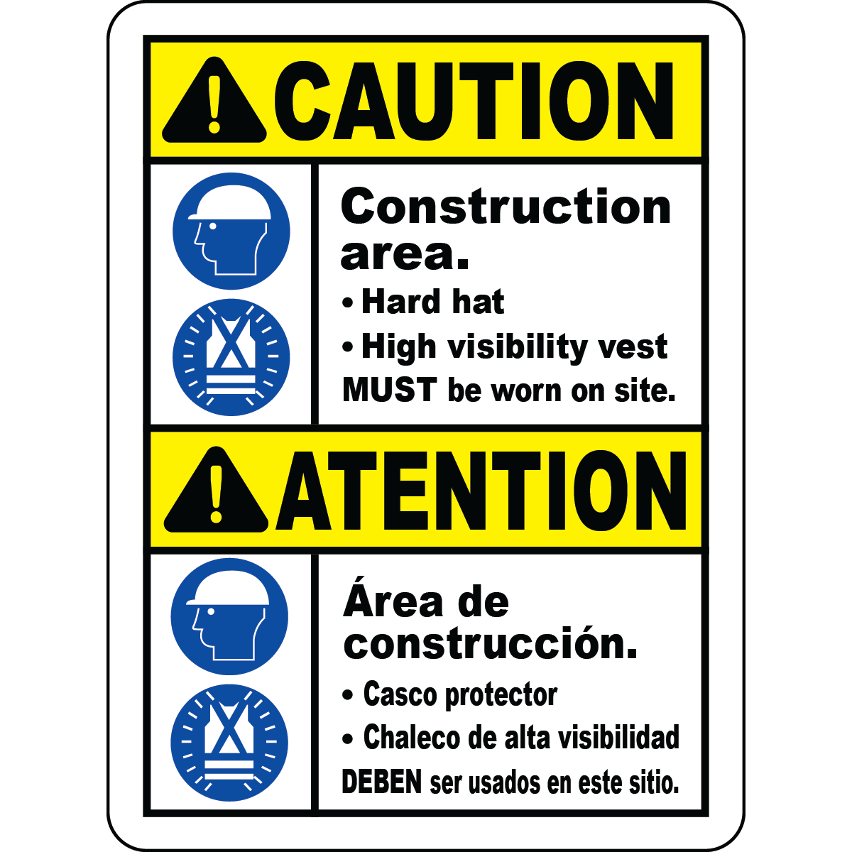 Bilingual hard hat vest required caution sign