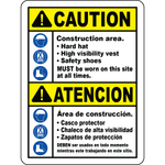 Bilingual construction PPE hard hat vest safety sign