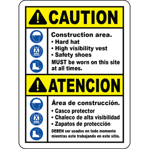 Bilingual construction PPE hard hat vest safety sign
