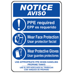 Bilingual propane PPE sign with mandatory gloves, face protection and safety action symbols