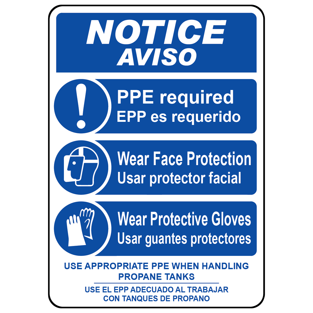 Bilingual propane PPE sign with mandatory gloves, face protection and safety action symbols