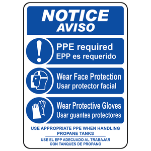 Bilingual propane PPE sign with mandatory gloves, face protection and safety action symbols