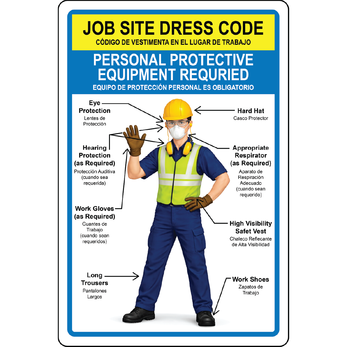 Bilingual job site dress code PPE safety warning sign