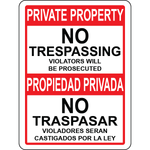Bilingual no trespassing prosecuted warning sign