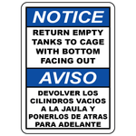 Bilingual return empty tanks to cage sign in English and Spanish for safe cylinder storage