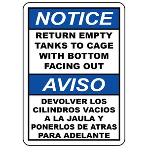 Bilingual return empty tanks to cage sign in English and Spanish for safe cylinder storage