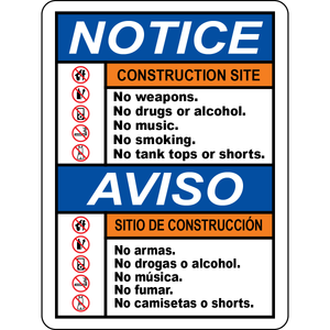 Construction site rules bilingual no weapons smoking sign