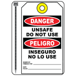 Bilingual danger unsafe do not use vinyl safety tag with grommet