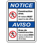 Bilingual visitors must report to site office construction sign