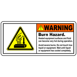 Warning label for heated equipment and hot fluid surfaces