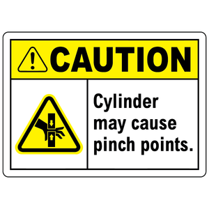 Caution cylinder may cause pinch point sign with hand crush hazard symbol for workplace safety