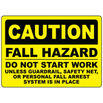 Caution fall hazard guardrail safety net or fall arrest system required sign