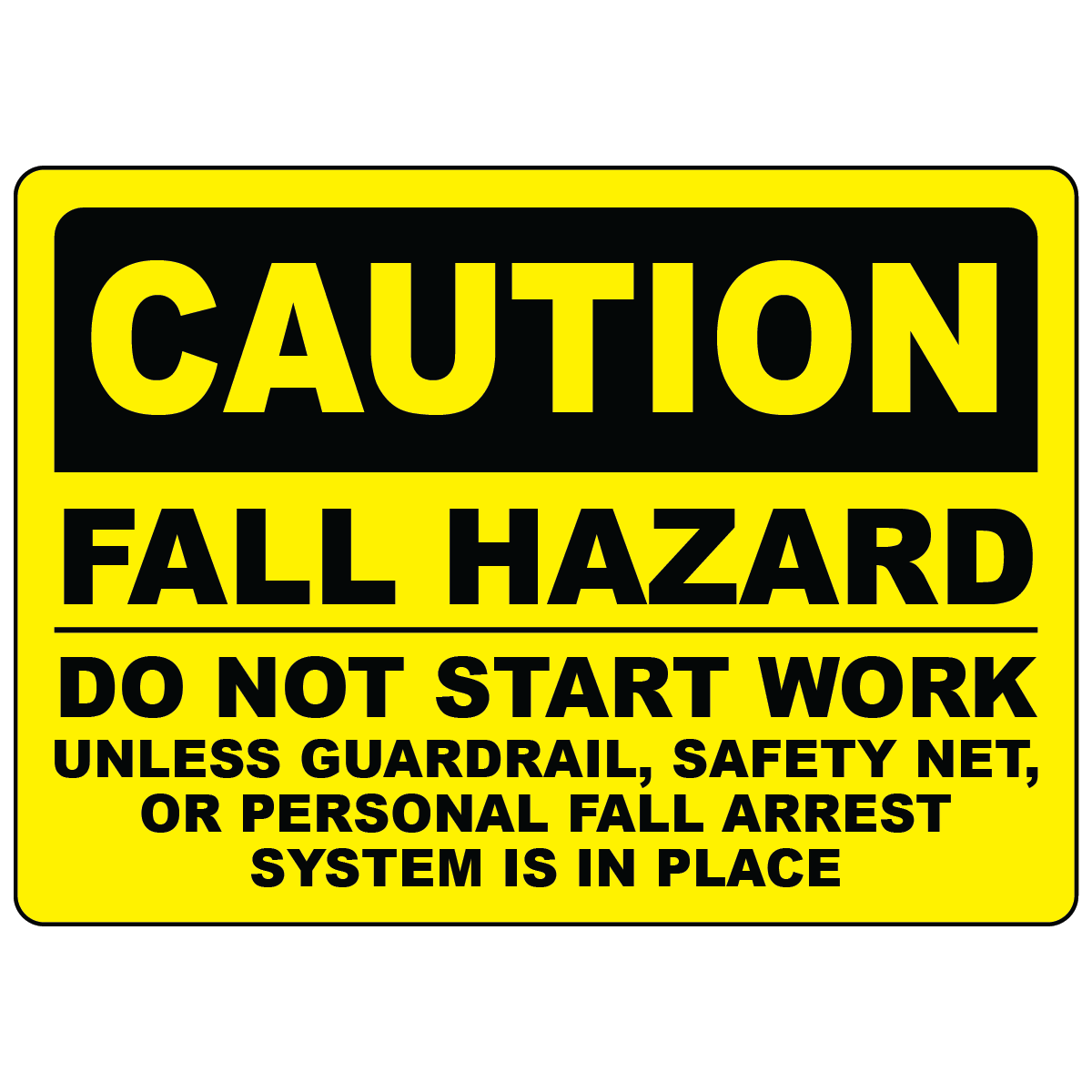 Caution fall hazard guardrail safety net or fall arrest system required sign